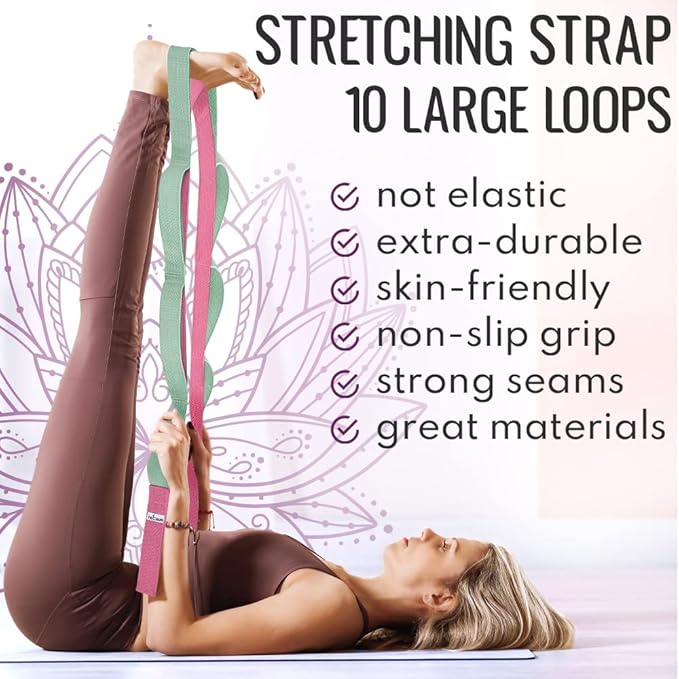 TECEUM Stretching Strap for Yoga & Physical Therapy – 10 Loops – Non-Elastic Leg Stretch Straps for Stretching, Exercising, Pilates, Post-Injury Rehabilitation for All Levels – Men & Women