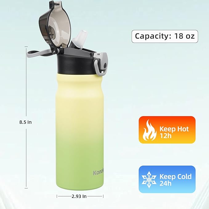 Insulated Water Bottle with Straw and Carry Loop,18 oz Stainless Steel Double Wall Vaccum Metal Water Flask with Leak-proof Lid,Lime