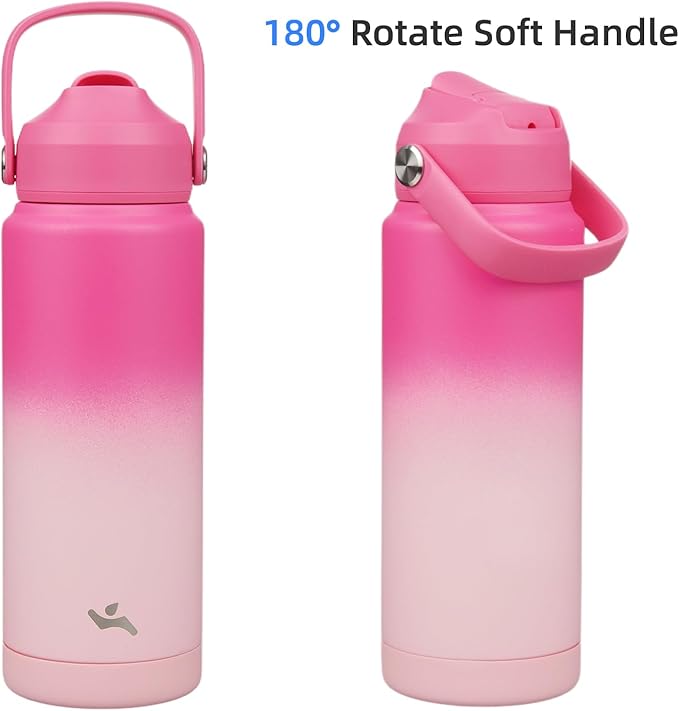 Insulated Water Bottle with Straw Lid,24 oz Stainless Steel Vacuum Metal Bottle with Silicone Handle,Cherry Blossom