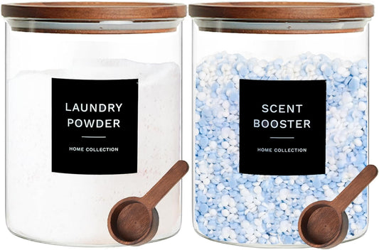 Glass Laundry Storage Containers with Acacia Lids and Scoops, 2 Pack Laundry Room Organization Jars with Labels, Powder Detergent Organizer and Laundry Pod Holder, Glass Laundry Beads Canisters Set