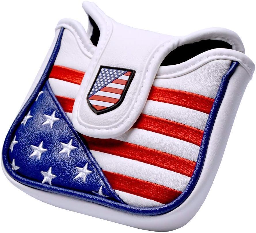 PLUSKER USA Square Heel Shaft Mallet Putter Cover - Magnetic Closure Patriotic Stars and Stripes American Flag Synthetic Leather Headcover