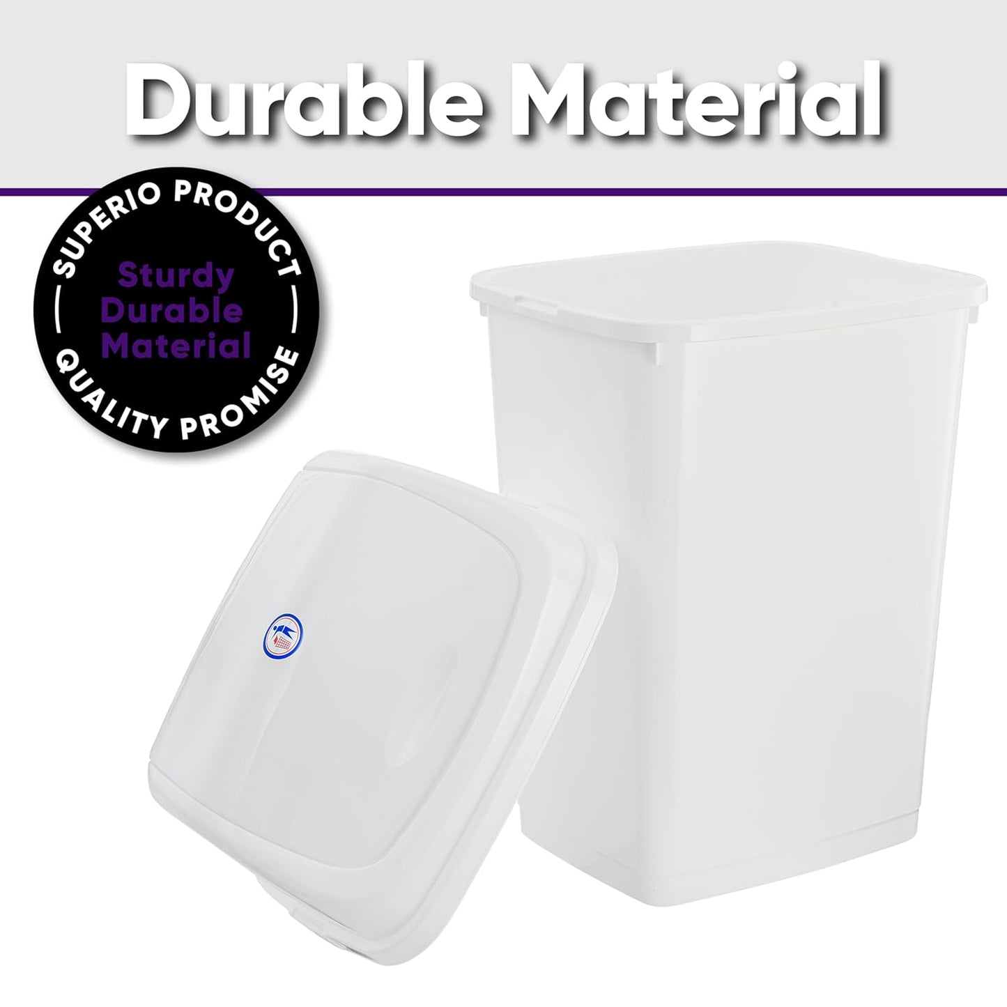 Superio Kitchen Trash Can 13 Gallon with Swing Lid, Plastic Tall Garbage Can Outdoor and Indoor, Large 52 Qt Recycle Bin and Waste Basket for Home, Office, Garage, Patio, Restaurant (White)