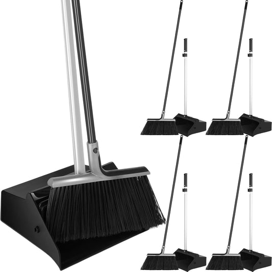 4 Set Broom and Dustpan Set 58 Inch Commercial Broom and Dustpan Combo Set Heavy Duty Lobby Dust Pan Bulk for Lobby Office Home Indoor Outdoor Cleaning Supplies