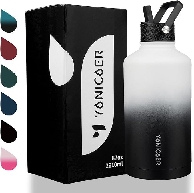 Insulated Water Bottle 64oz,Triple Wall Vacuum Stainless Steel(Dishwasher Safe),Leak Proof & Non-BPA,Flask Jug with Paracord Handle & Straw Spout Lids Sports