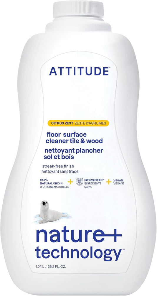 ATTITUDE Floor Cleaner, EWG Verified, Streak-Free, Vegan & Plant-Based for Tile, Wood & Laminate Floors, Citrus Zest Scent, 35.2 Fl Oz