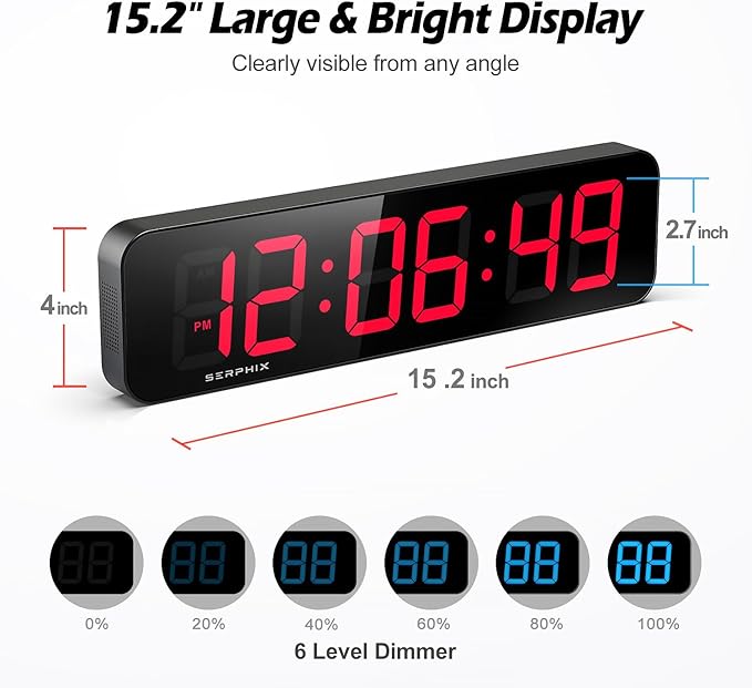 15.2" Gym Timer, App & Remote Control, Customizable LED Colors, Workout Interval Timer Stopwatch Countdown Large Digital Wall Clock for Home Gym