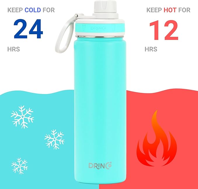 DRINCO Stainless Steel Water Bottle Spout Lid Vacuum Insulated Double Wall Water Bottle Wide Mouth (40oz 32oz 22oz 18oz 14oz) Leak Proof Keep Cold Sport Camping Hiking (22 oz, 22oz Teal)