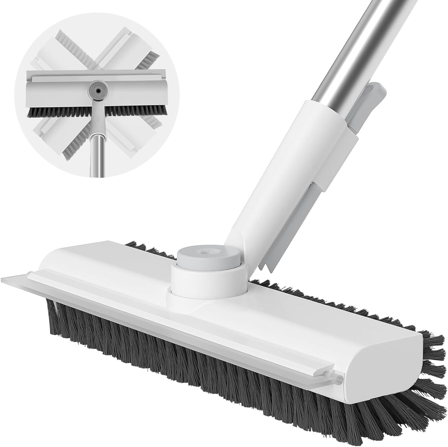 Floor Scrub Brush with Long Handle, 3 in 1 Scrape and Heavy-Duty Stiff Bristle Scrubber Brush for Cleaning Shower Bathroom, Patio, Garage, Kitchen, Wall and Deck (White, 1 Pack)