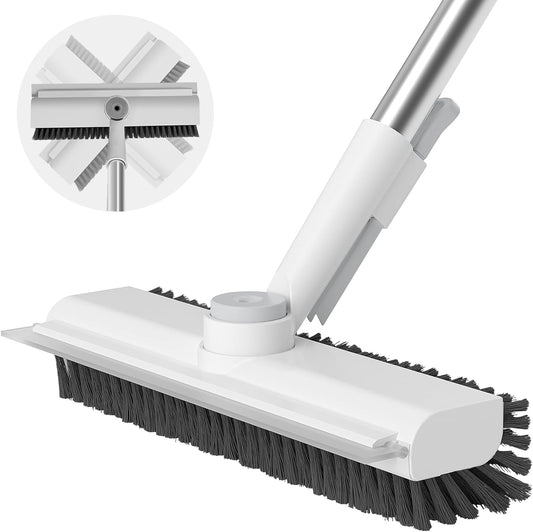 Floor Scrub Brush with Long Handle, 3 in 1 Scrape and Heavy-Duty Stiff Bristle Scrubber Brush for Cleaning Shower Bathroom, Patio, Garage, Kitchen, Wall and Deck (White, 1 Pack)