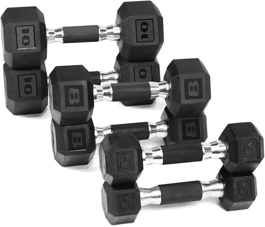 WF Athletic Supply Rubber Encased Hex Dumbbells with Rubber Grip Contoured Handle for Muscle Toning, Strength Building & Full Body Workout