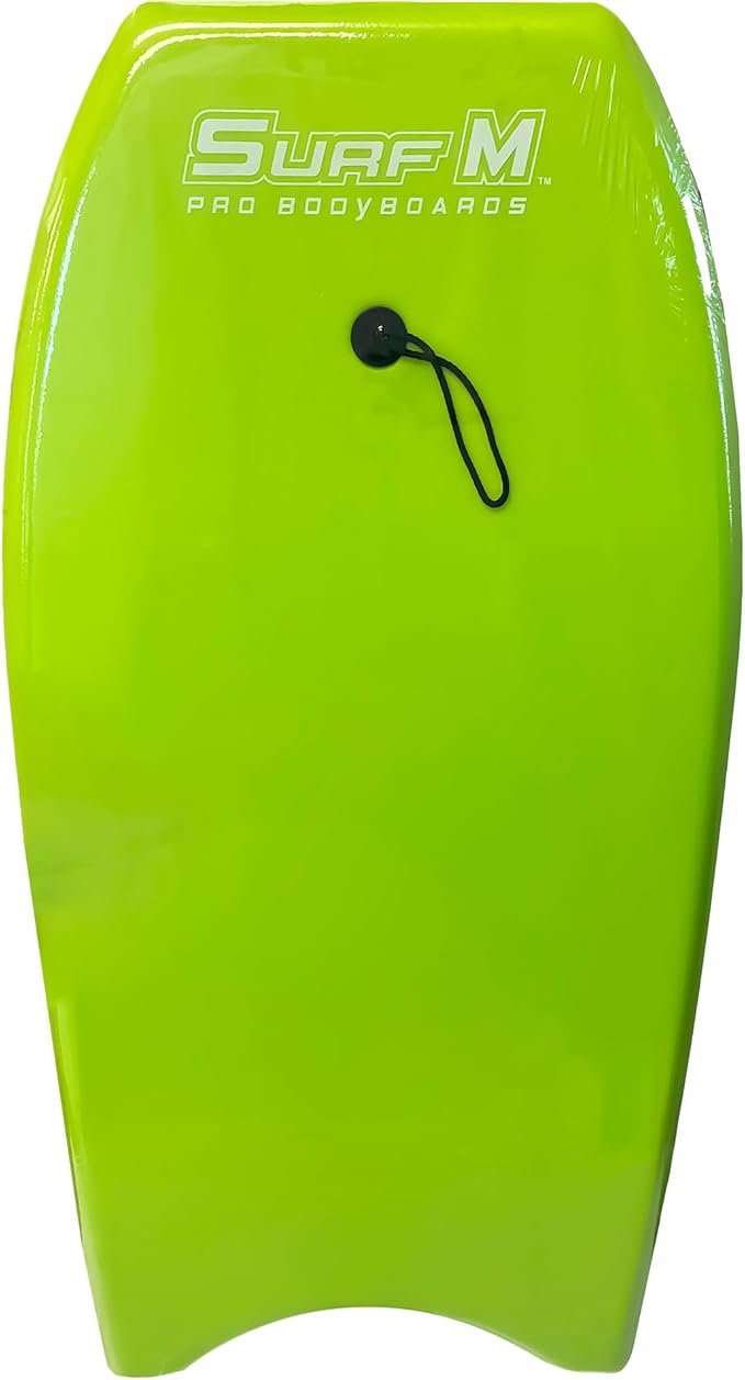 PMU 33 Inch Lime Green Bodyboard - Lightweight Wrist Leash, Surf Mania, Slick Bottom Boards for Beach, Sea & Pool - Surfing Board for Kids, Teens & Adults Wave Conditions Pkg/1