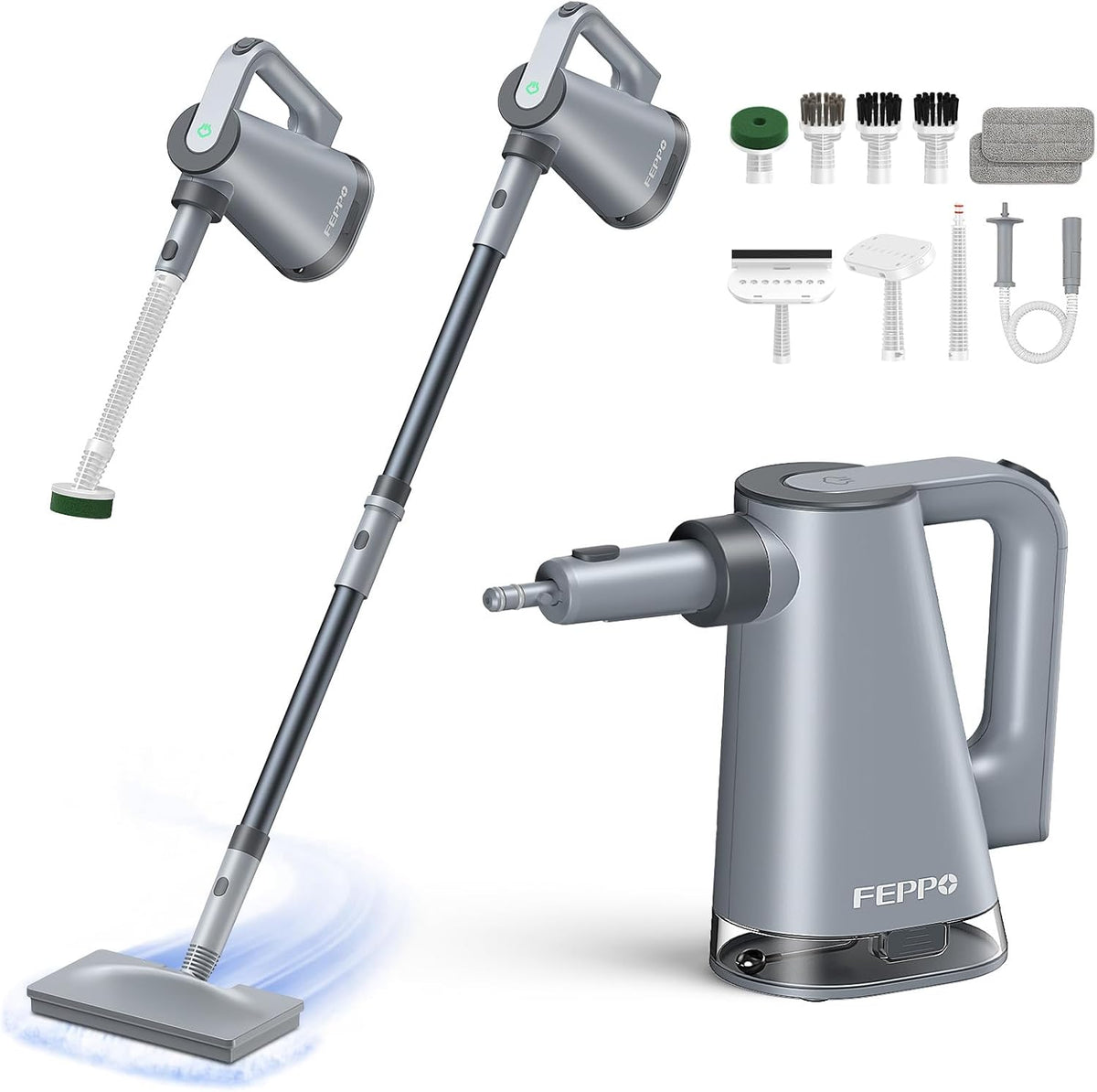 FEPPO Steam Mop with Detachable Handheld Steam Cleaner for Home and Floor Cleaning, 10-in-1 Multi-purpose Attachments & 2 Pads, Powerful Steamer for Floors, Hardwood, Tiles,Grout,Windows,Kitchen,Bath