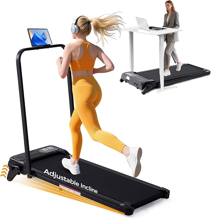 Folding Foldable Walking Pad Treadmill with Handle Bar and Adjustable Incline, 3.5HP Portable Electric Treadmills with Handles for Home Small, Home Treadmills with Incline, 0.6-7.6MPH, 350LBS