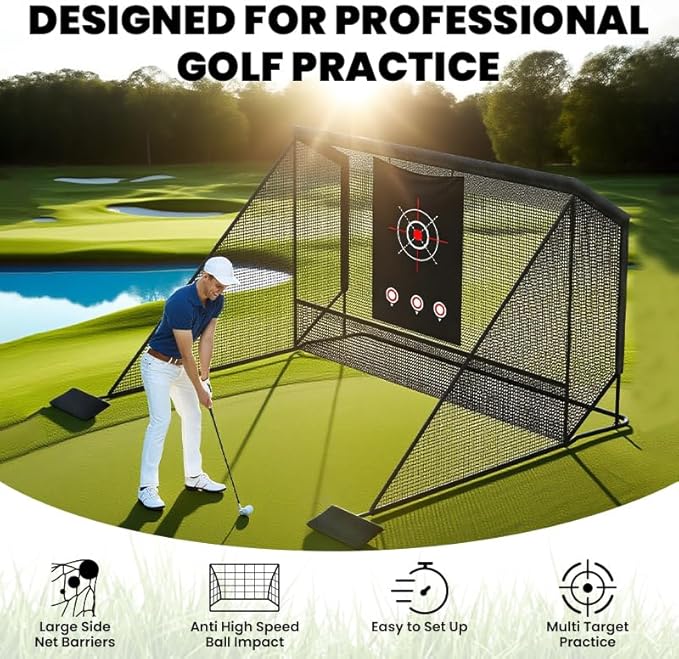 10x7ft Golf Hitting Practice Net with Dual Side Net Barriers & Durable Heavy Duty Steel Frame, Golf Nets Backyard Driving, Chipping & Swing Training for Indoor&Outdoor