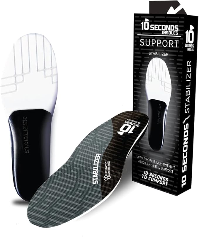10 Seconds Stabilizer Insole, Medium Corrective Arch, Soft Support, Designed for Instability and Low-Profile Footwear, Deep Heel Cup, Anti Blister Topper. (M 6.5/7.5, W 9/10)