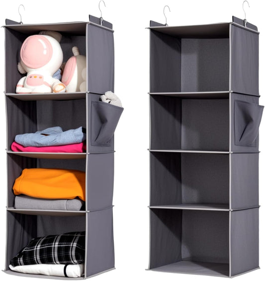 2 Packs Hanging Closet Organizer, 4-Shelf Closet Organizers and Storage with Side Pockets, Collapsible Hanging Shelves for Closet & RV & College Dorm,Grey