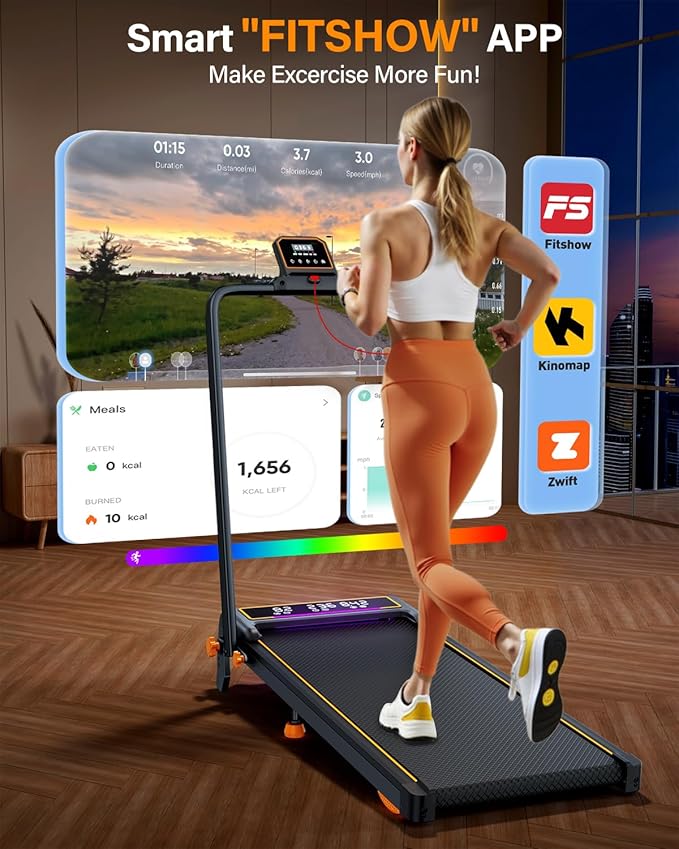Treadmill Walking Pad with 10% Incline/Handle Bar/2 LED Display, 3.5HP Portable Treadmills for Home Small, Foldable Walking Pad Treadmill 350+lb Capacity, Smart App, 4 Adjustable Incline, RGB Light