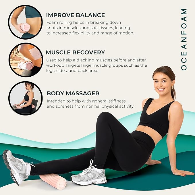 Oceanfoam Ripple Travel Foam Roller (11" x 3.35") Firm Mini Foam Roller for Physical Therapy, Deep Tissue Massage, Back Pain - High Density, Ergonomic Wave Textured - Yoga, Pilates, Exercise (Blush)