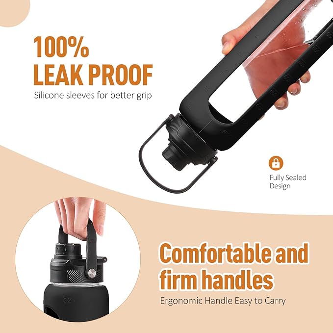 Kodrine Water Bottle with Straw, 24 oz Glass water Bottle with 2 Lids Bamboo Straw Lid and Spout Lid with Handle, 32 oz Clear Water Bottle Glass for Sports Travel, Waterbottle with Time Marker