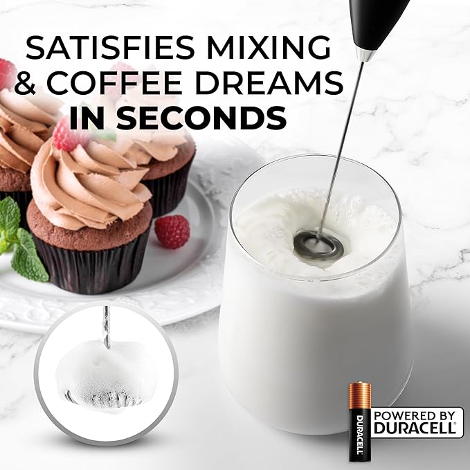Zulay Kitchen Milk Frother Wand (2 Batteries Included) - Easy-Clean Drink Mixer - Electric Coffee Frother for Frappe, Matcha - Metallic Black