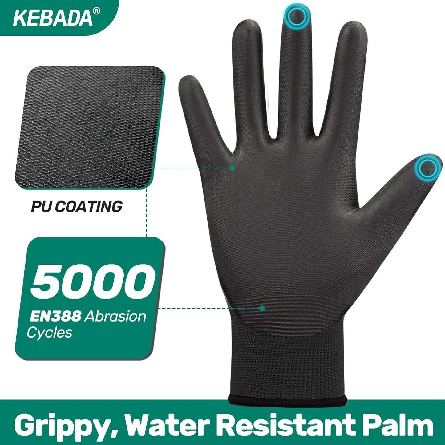 Kebada W1 Work Gloves for Men and Women, PU Coated Safety Gloves with Grip, Touchscreen, Ideal for Warehouse Package Handling, Construction, Gardening, Black Medium