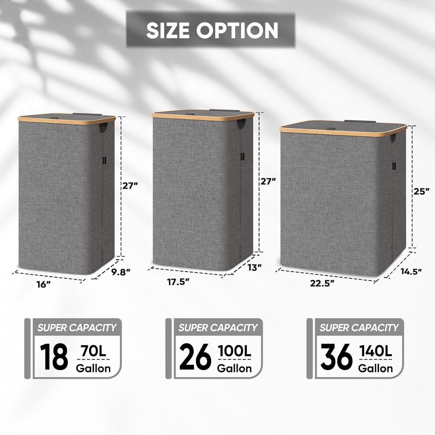 BALEINE Laundry Hamper with Lid, Tall Laundry Baskets with Bamboo Pull Handles, Large Laundry Bin with Internal Support (26 Gal/100L, Black)