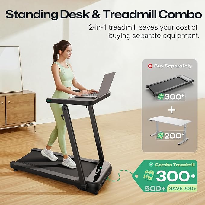 UREVO Treadmill with Desk Workstation, Walking Pad Treadmills for Home Office, Under Desk Compact Design Treadmill with HIIT Programs, Remote Control, LED Display