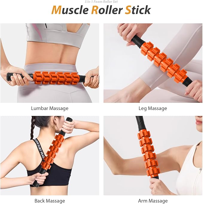 5 in 1 Foam Roller Set for Deep Tissue Muscle Massage, Trigger Point Fitness Exercise Foam Roller, Massage Roller, Massage Ball, Stretching Strap, for Whole Body(Orange-Black)