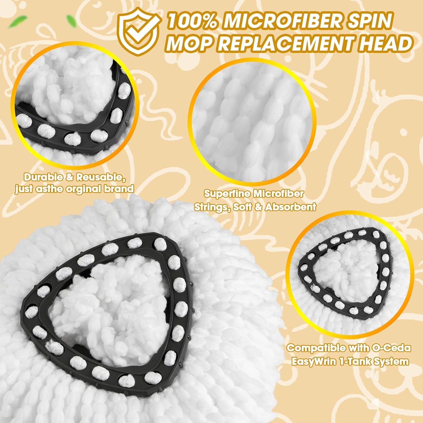 3 Pack Spin Mop Replacement Heads,100% Microfiber Spin Mop Refills for O-Ceda Mop Replace Head EasyWring 1-Tank System, Machine Washable Mop Heads Replacements for Easy Cleaning