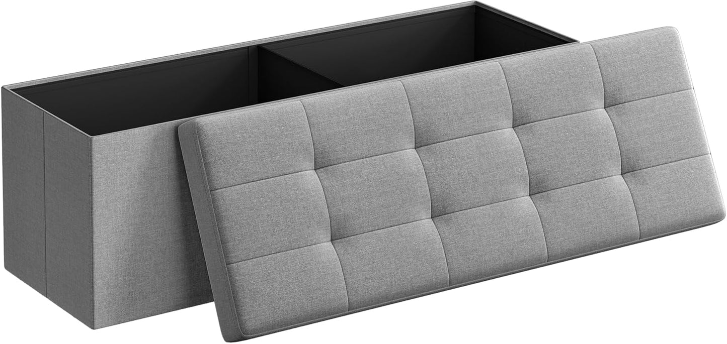 SONGMICS MAZIE Collection - 43 Inches Folding Storage Ottoman Bench, Ottoman Foot Rest, End of Bed Bench, Storage Chest, Load 660 lb, for Living Room, Bedroom, Entryway, Light Gray ULSF77G