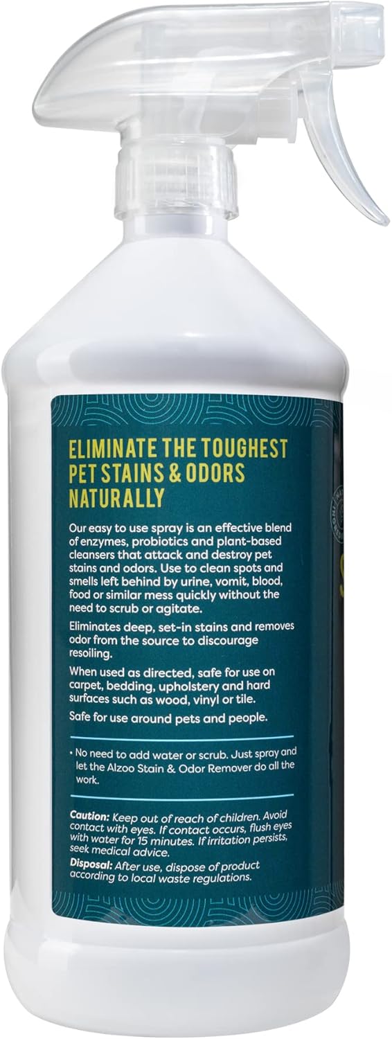 ALZOO Stain & Odor Remover, Quickly Lifts & Dissolves Pet Stains & Helps Eliminate Odors, 100% Plant-Based Active Ingredients, Citrus Vanilla Scent, 32 Fl. Oz Spray Bottle