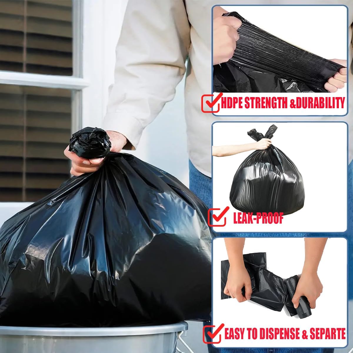8-10 Gallon Trash Bags, 300 Count Black Garbage bags, Multi-purpose Trash Can Bin Liners for Bathroom, Office, Industrial, Commercial, Janitorial, Municipal, Recycling