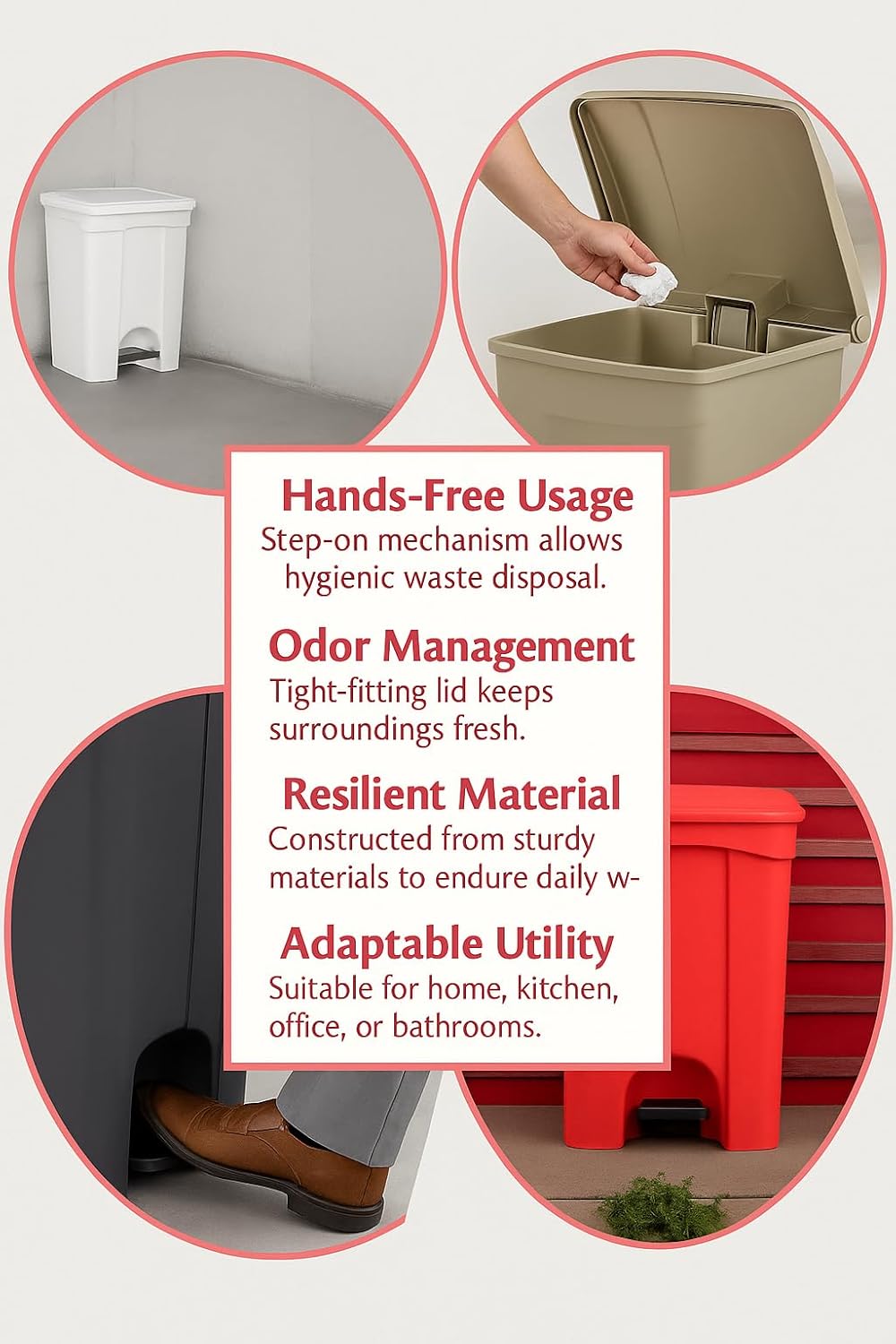 PRO&Family Step-On Trash Can with Lid, Plastic Waste Bin, Foot Pedal Operation (Red, 18 Gallon)