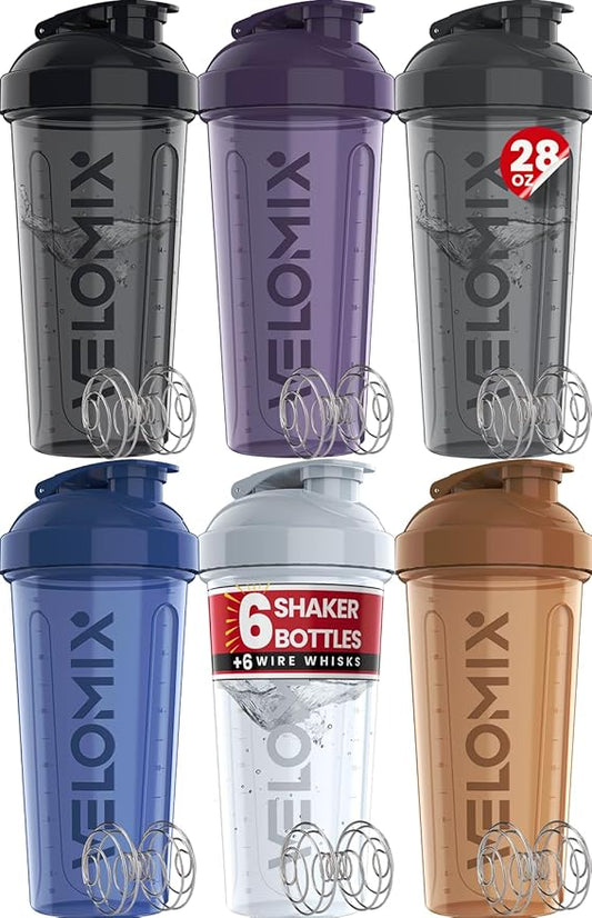 '-6 PACK- 28 oz Protein Shaker Bottle for Protein Mixes - 6x Wire Whisk | Leak Proof Shaker Cups for Protein Shakes | Protein Shaker Bottle Pack | Protein Shake Cup (Elemental Mix)