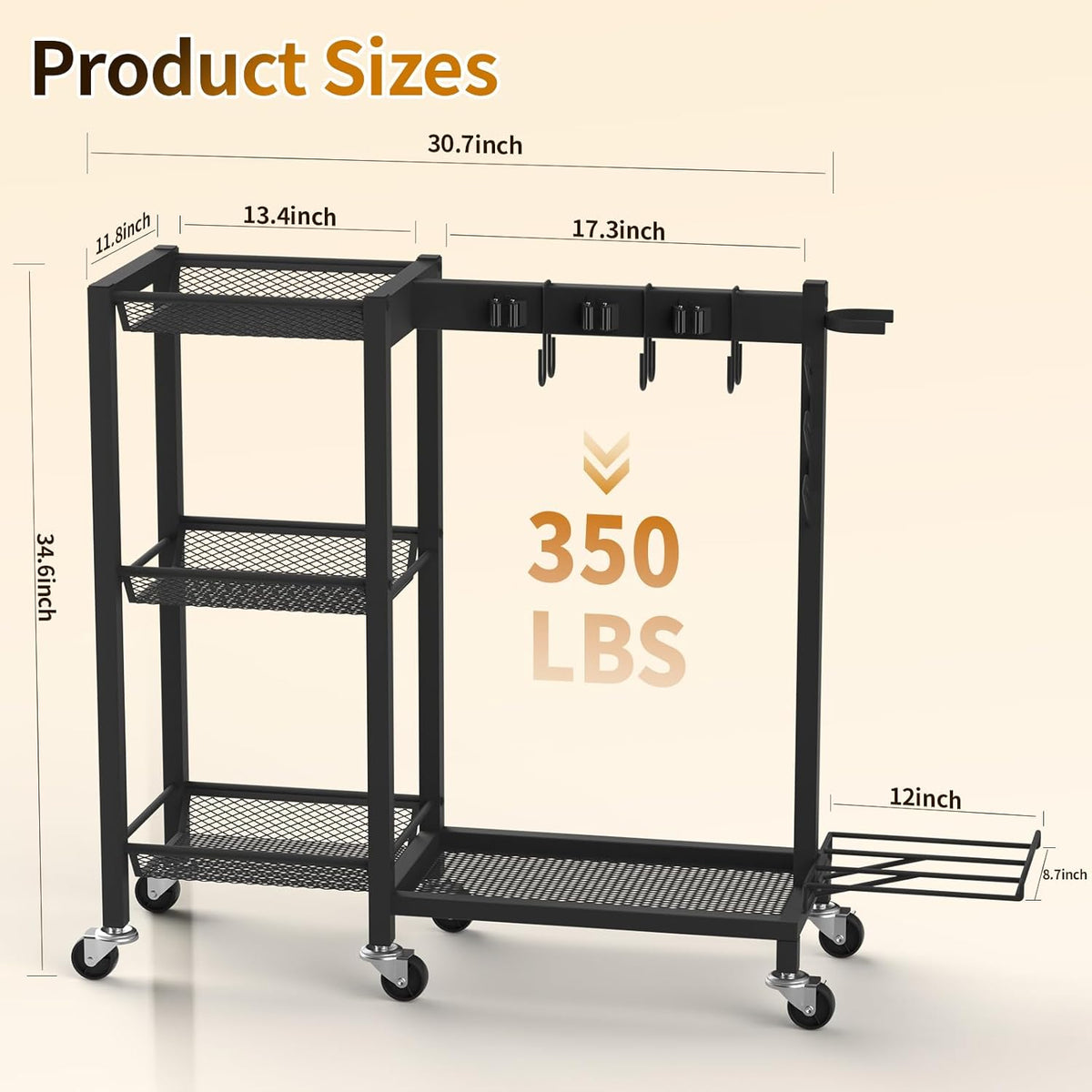 Cleaning Supplies Organizer with Broom Holder Load 350 LBS Cleaning Cart with Wheels Broom Closet Storage with 3-Tier Shelves, 6 Mop Hanger Grippers, 3 Double-Hooks, Vacuum Stand for Laundry Garage