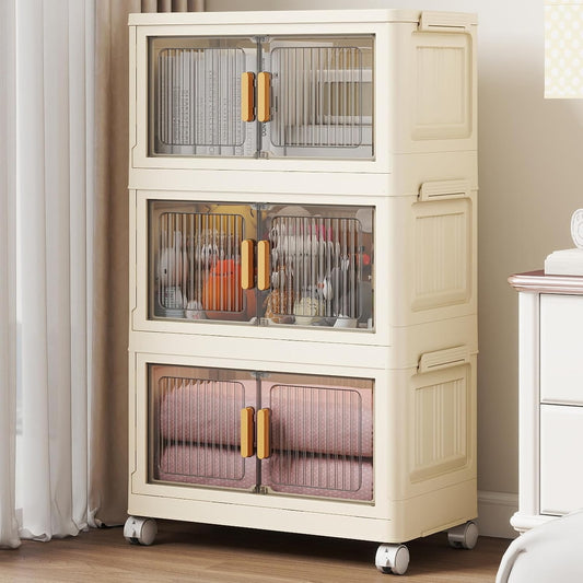 3 Tier Stackable Plastic Storage Bins with Lids 48QT, Collapsible Closet Organizers and Storage with Wheels for Living Room,Office,Dorm