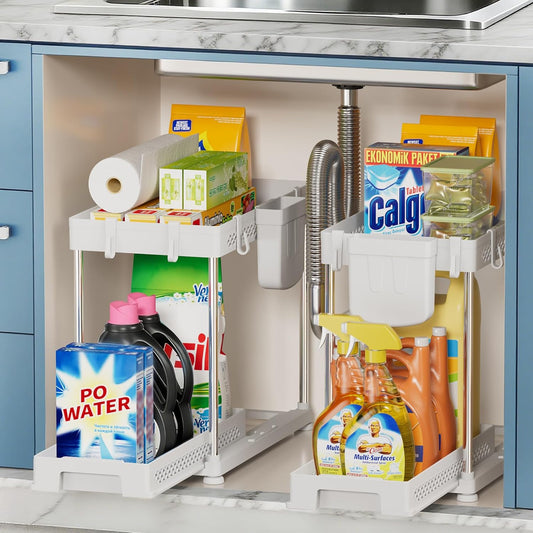 Under Sink Organizer, 2 Tier Pull Out Cabinet Organizer with Hooks Hanging Cup, Easy Installation & Rust-resistant, Multi-Purpose Storage Shelf for Kitchen Bathroom Pantry (White, 2 Pack)