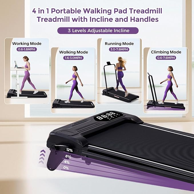 Portable Foldable Walking Pad with Handle Bar and Adjustable Incline, Under Desk Walking Pads Treadmill with Incline and Handles, 3.5HP Folding Electric Treadmills for Home Small, 0.6-7.6MPH, 350LBS