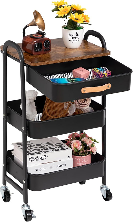AGTEK Movable Rolling Organizer Cart with Drawer, 3 Tier Metal Utility Cart with Hanging Cups, Drawer with Leather Handle, Mobile Trolley Cart for Home & Office, Black