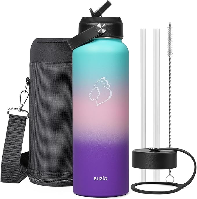 BUZIO 40oz Insulated Water Bottle, Stainless Steel Double Wall Water Flask (Cold for 48 Hrs) Leak Proof Sports Bottles Jug with Straw Lid and Flex Cap Metal Canteen for Gym Travel Camping, Hydrangea