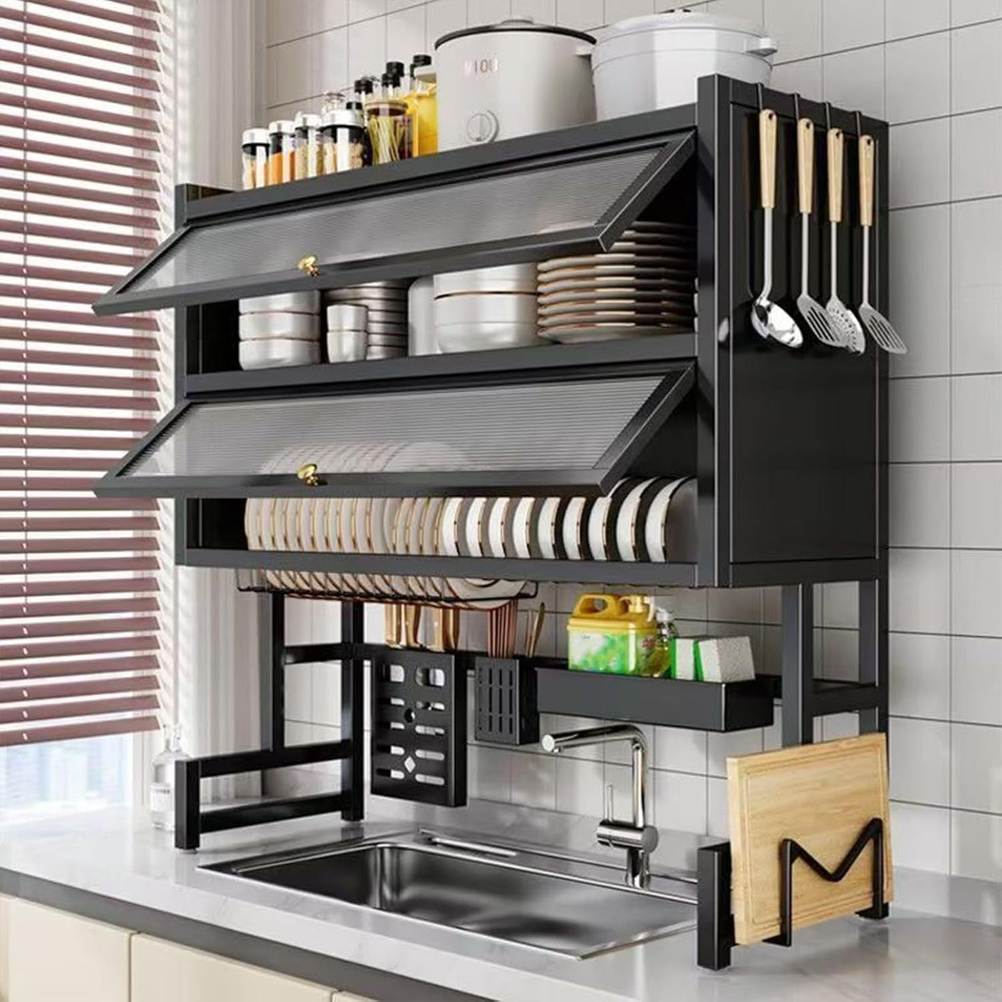 Dish Drying Rack 4 Tiers with Cover, Keep Kitchen Sink Shlef Organized Space-Saving Dish Drying Rack, Large Drying Rack for Dishes, Glasses, Bowls, Cutlery (Black, W-25.6)