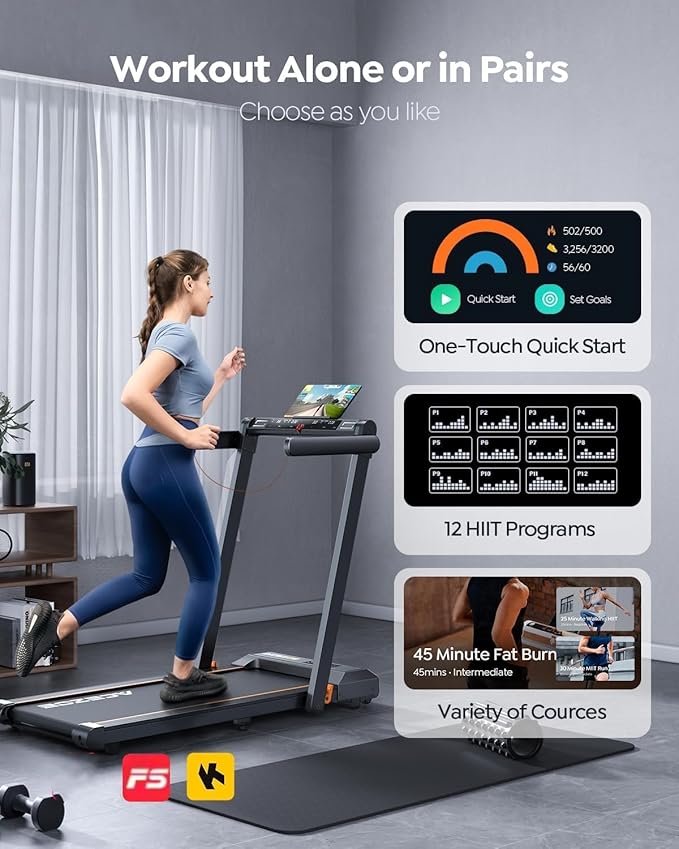 2 in 1 Folding Treadmills for Home Small Office, 2.5HP Walking Pad Treadmill with Handle Bar, 300lbs Capacity, Copmact Protable Treadmill with Smart APPs, 12 HIIT Modes and Touch Screen