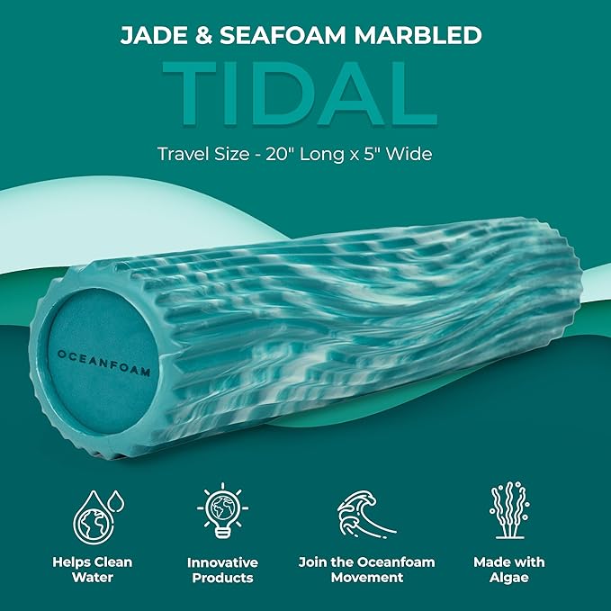 Oceanfoam Tidal Roller - Jade & Seafoam Marbled - Muscle Massage Foam Roller for Back Pain & Stretching - Firm and Ergonomic Wide Wave Textured - Yoga, Athletics, & Wellness - Full Size, 20" x 5"