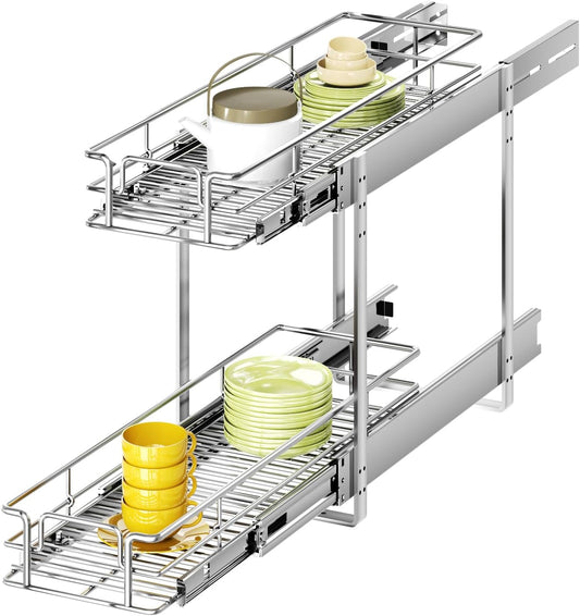 2 Tier Individual Pull Out Cabinet Organizer 7½" W x 21½" D, Heavy Duty Cabinet Pull Out Shelves, Slide Out Drawers Organization for Kitchen Cabinets Bathroom