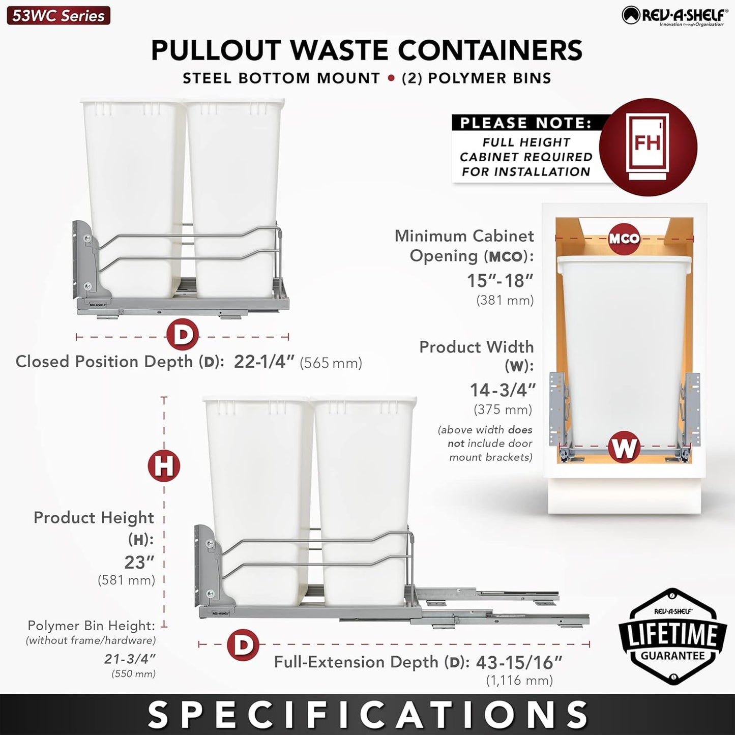 Rev-A-Shelf Double Pullout Trash for Full Height Kitchen Cabinets 50 Quart 12.5 Gallon with Soft-Close Slides, Metallic Silver, 53WC-2150SCDM-217