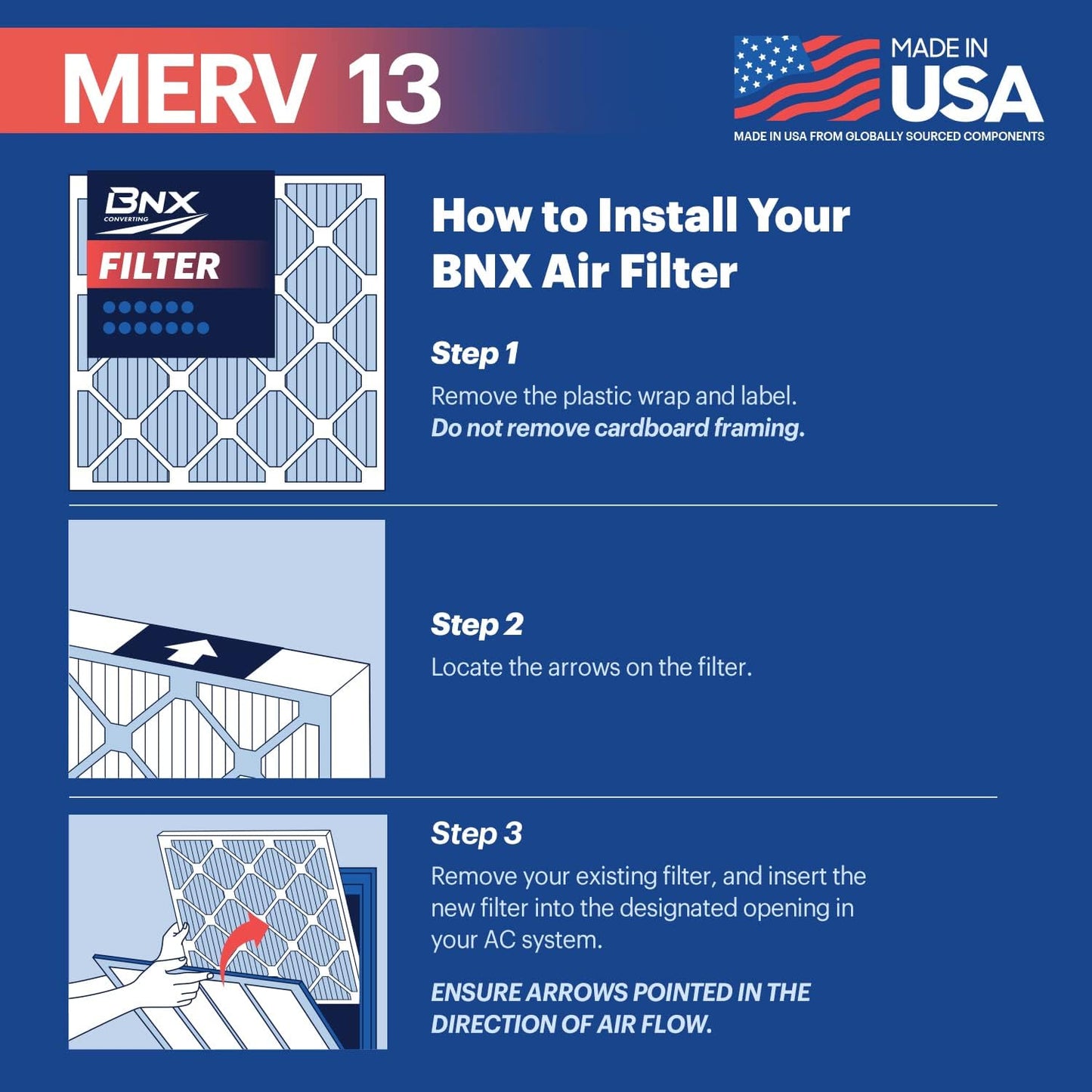 BNX TruFilter 12x20x1 Air Filter MERV 13 (6-Pack) - MADE IN USA - Electrostatic Pleated Air Conditioner HVAC AC Furnace Filters for Allergies, Pollen, Mold, Bacteria, Smoke, Allergen, MPR 1900 FPR 10