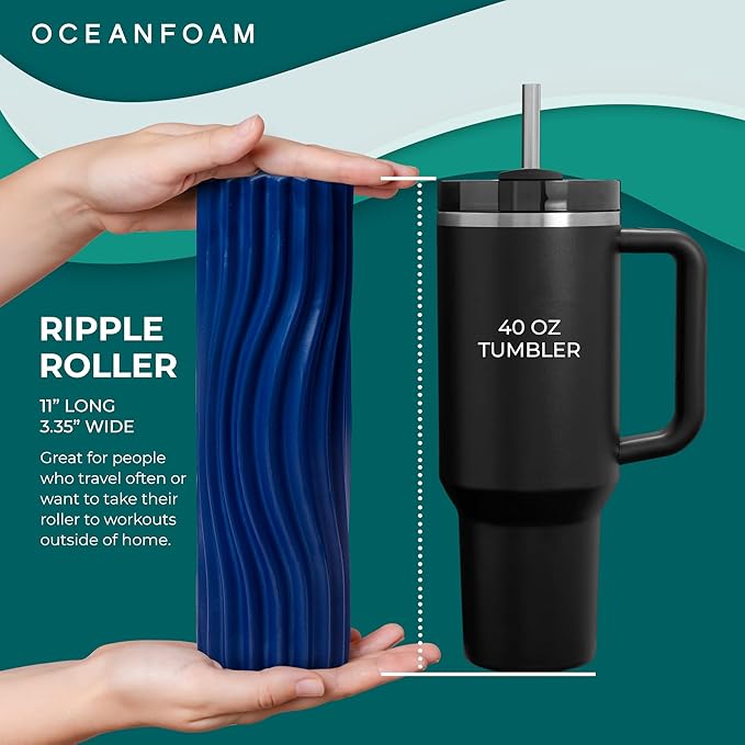 Oceanfoam Ripple Travel Foam Roller (11" x 3.35") Firm Mini Foam Roller for Physical Therapy, Deep Tissue Massage, Back Pain - High Density, Ergonomic Wave Textured - Yoga, Exercise (Royal Blue)