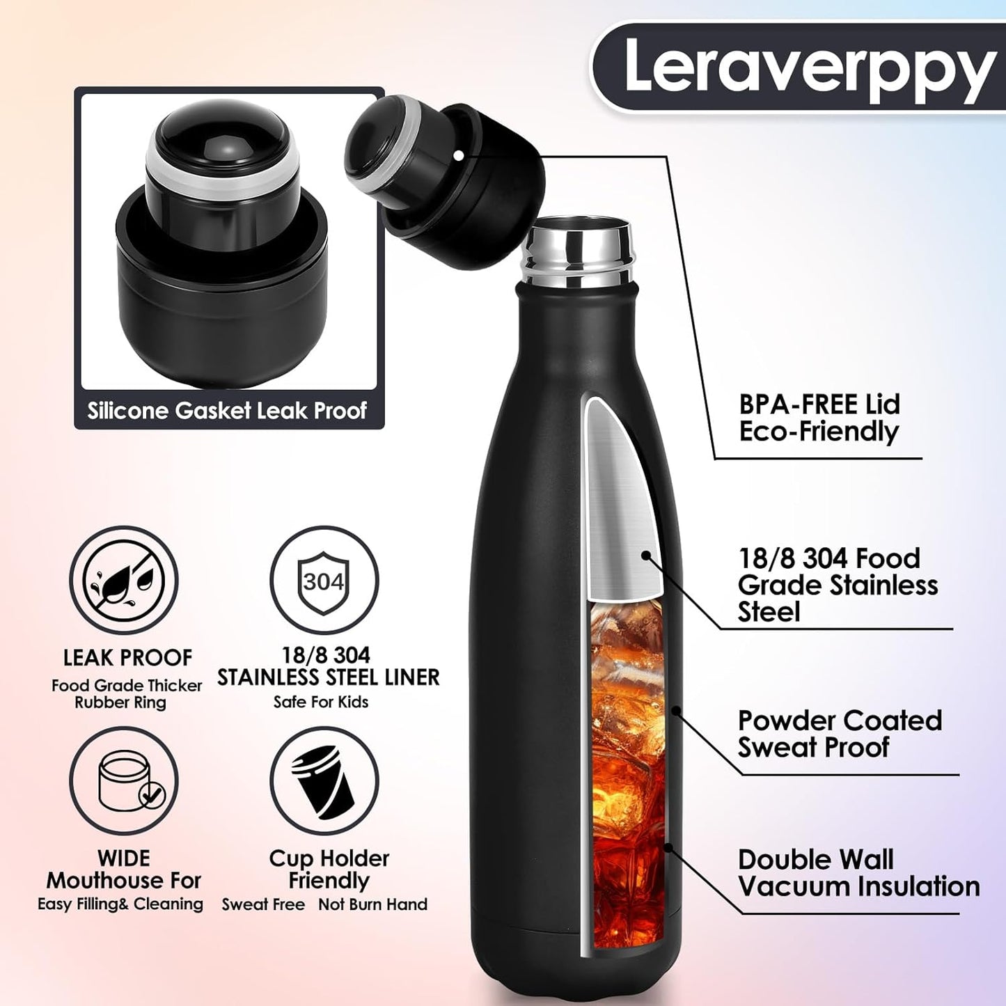 17oz Cola-Bottle Shaped Stainless Steel Leak-proof Water Bottle,Double Wall Vacuum Insulated Metal,Travel Mug For Sports Indoors & Outdoors,BPA-Free School Kids Flasks,Black(12Pack)