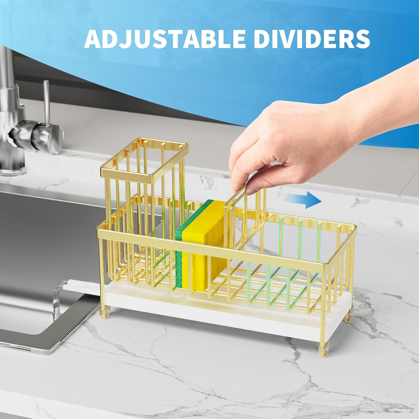 Cisily Gold Sponge Holder for Kitchen Sink, Sink Caddy Organizer with High Brush Holder, Kitchen Countertop Organizers and Storage Essentials, Rustproof 304 Stainless Steel, Soap Dispenser Organize