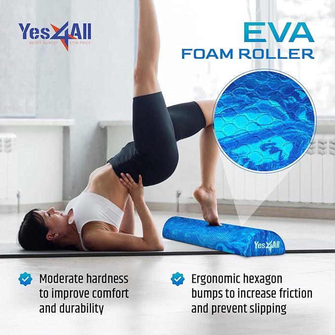 Yes4All EVA Firm Foam Roller for Stretching, Half Yoga Back Roller for Muscle Massage for Pilates, Yoga, Balance & Core Exercises - 12/36 inches